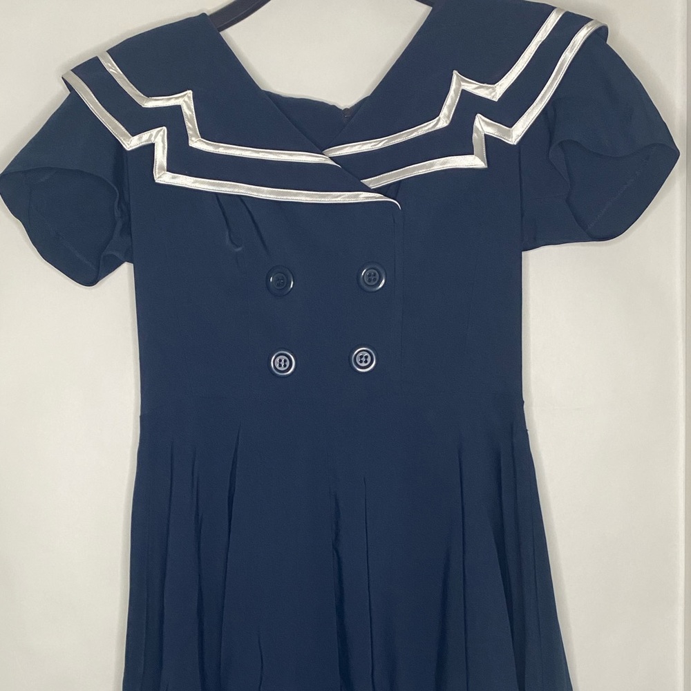 Bettie Page Navy Blue Sailor Midi Dress with White Trim